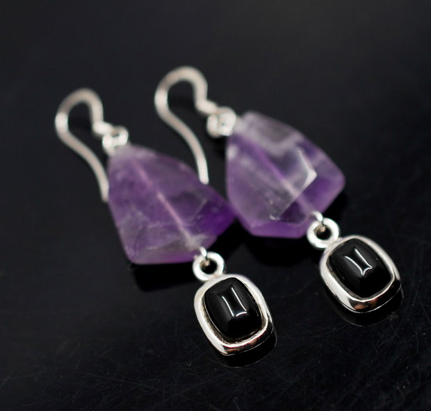Cercei din argint, onix si ametist, cercei lungi argint, cercei statement, cercei handmade