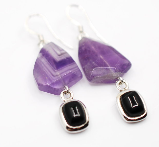 Cercei din argint, onix si ametist, cercei lungi argint, cercei statement, cercei handmade