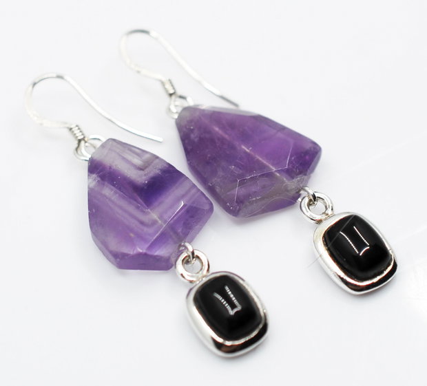 Cercei din argint, onix si ametist, cercei lungi argint, cercei statement, cercei handmade