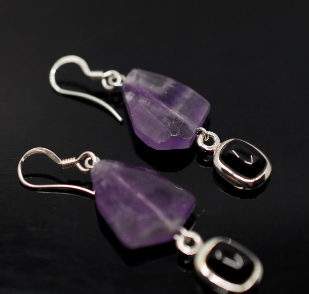 Cercei din argint, onix si ametist, cercei lungi argint, cercei statement, cercei handmade