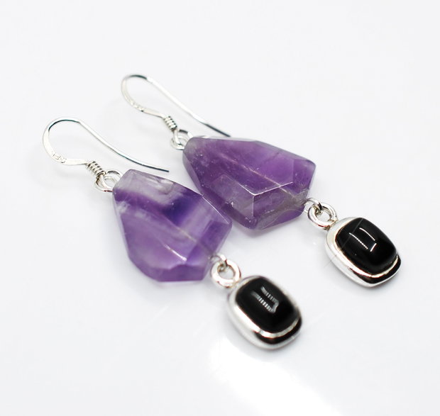 Cercei din argint, onix si ametist, cercei lungi argint, cercei statement, cercei handmade