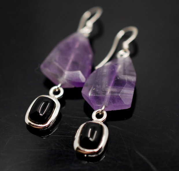 Cercei din argint, onix si ametist, cercei lungi argint, cercei statement, cercei handmade
