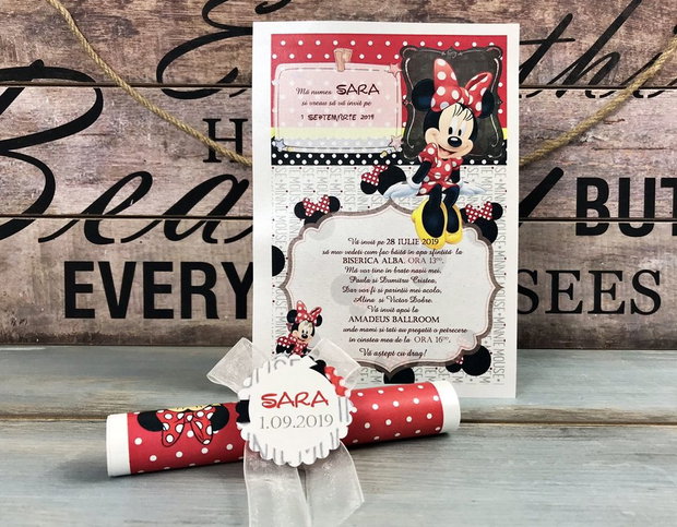 Invitatie papirus Minnie Mouse (model rosu)