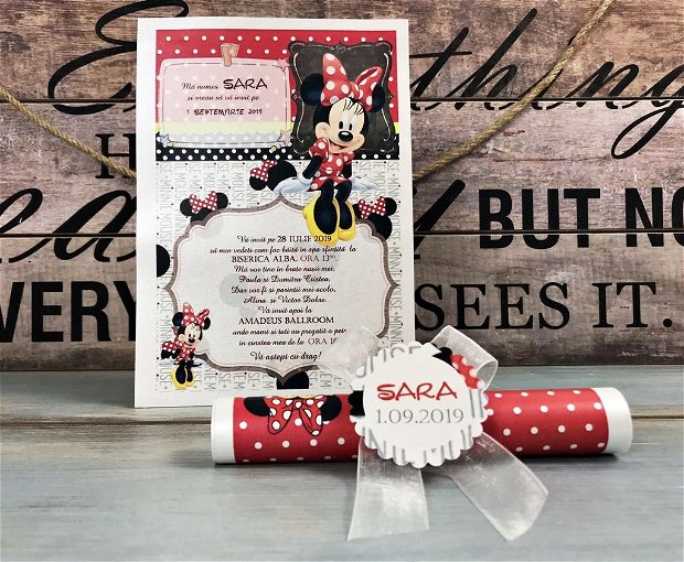 Invitatie papirus Minnie Mouse (model rosu)
