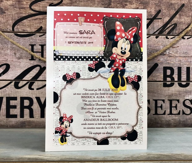 Invitatie papirus Minnie Mouse (model rosu)