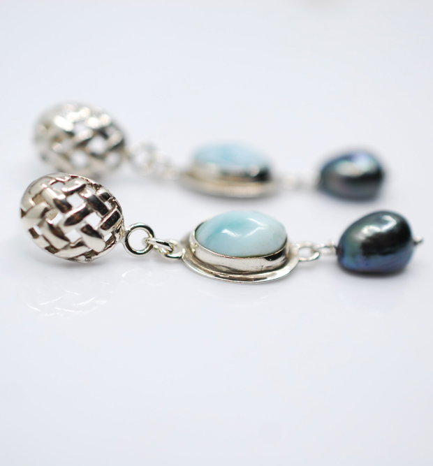 Cercei din argint, larimar si perle negre, cercei lungi argint, cercei statement, cercei handmade