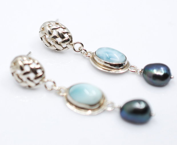 Cercei din argint, larimar si perle negre, cercei lungi argint, cercei statement, cercei handmade