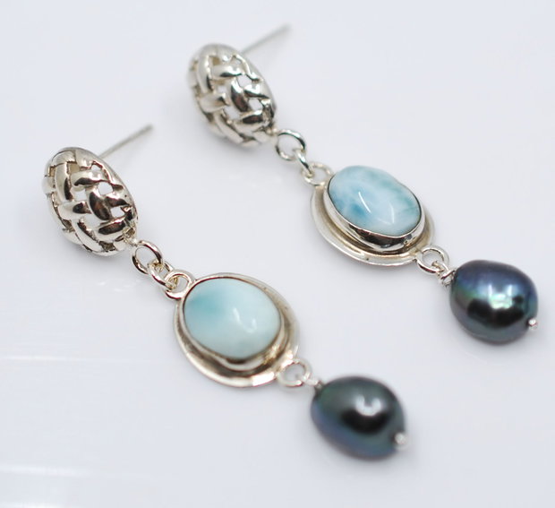 Cercei din argint, larimar si perle negre, cercei lungi argint, cercei statement, cercei handmade