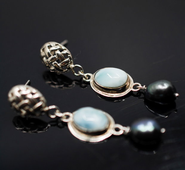 Cercei din argint, larimar si perle negre, cercei lungi argint, cercei statement, cercei handmade