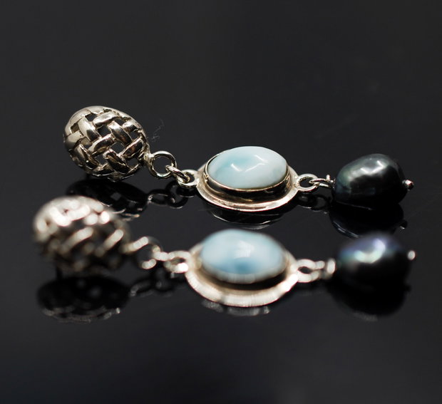 Cercei din argint, larimar si perle negre, cercei lungi argint, cercei statement, cercei handmade