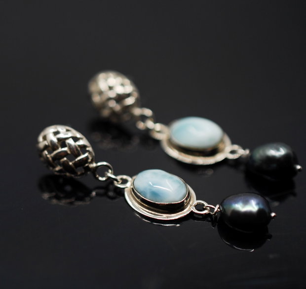 Cercei din argint, larimar si perle negre, cercei lungi argint, cercei statement, cercei handmade