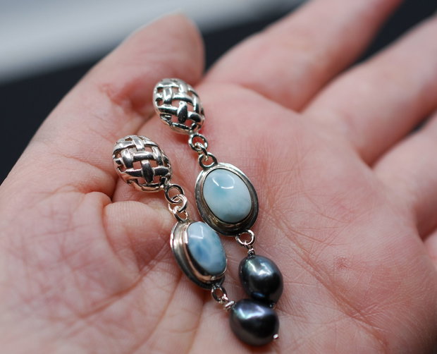 Cercei din argint, larimar si perle negre, cercei lungi argint, cercei statement, cercei handmade