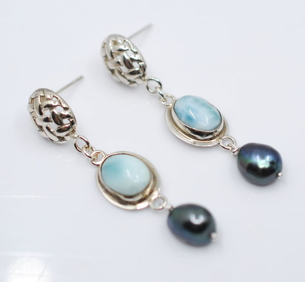 Cercei din argint, larimar si perle negre, cercei lungi argint, cercei statement, cercei handmade