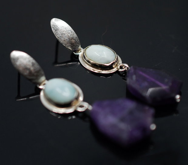 Cercei din argint, larimar si ametist fatetat, cercei lungi argint, cercei statement, cercei handmade