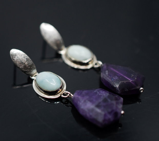 Cercei din argint, larimar si ametist fatetat, cercei lungi argint, cercei statement, cercei handmade