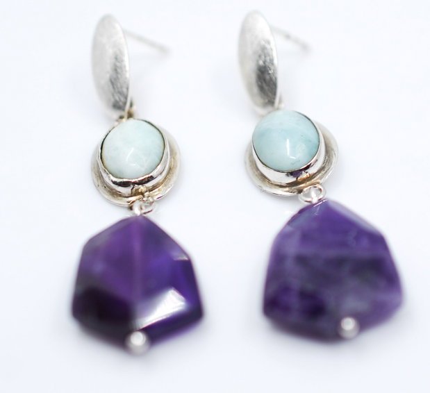 Cercei din argint, larimar si ametist fatetat, cercei lungi argint, cercei statement, cercei handmade