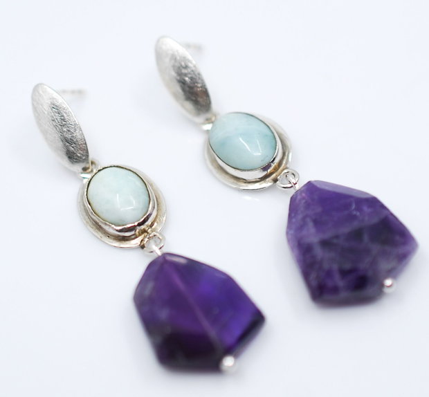 Cercei din argint, larimar si ametist fatetat, cercei lungi argint, cercei statement, cercei handmade