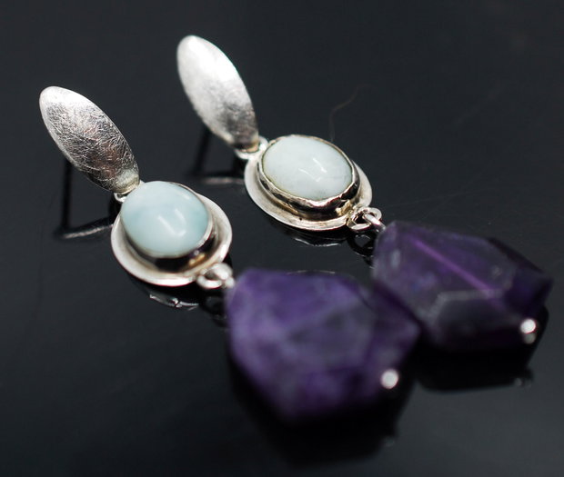 Cercei din argint, larimar si ametist fatetat, cercei lungi argint, cercei statement, cercei handmade