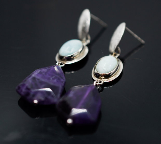 Cercei din argint, larimar si ametist fatetat, cercei lungi argint, cercei statement, cercei handmade