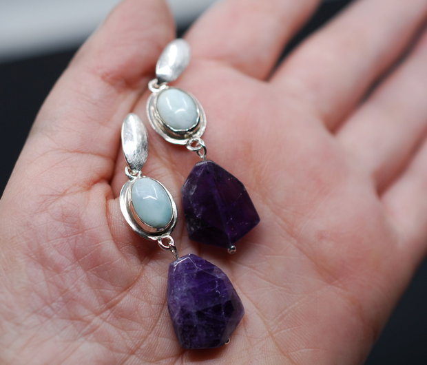 Cercei din argint, larimar si ametist fatetat, cercei lungi argint, cercei statement, cercei handmade