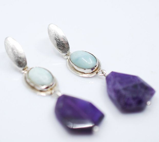 Cercei din argint, larimar si ametist fatetat, cercei lungi argint, cercei statement, cercei handmade