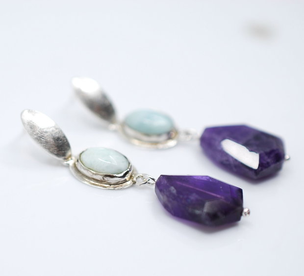 Cercei din argint, larimar si ametist fatetat, cercei lungi argint, cercei statement, cercei handmade