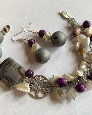 PURPLE NATURE-agate druzy,agate Botswana,perle Keshi,zamac argintat,inox