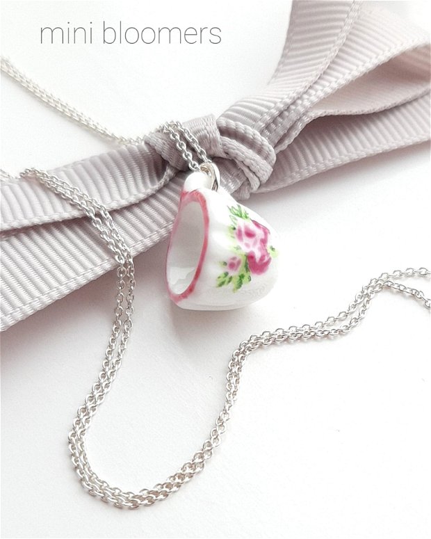 Colier argint 925 & miniatură ceșcuță din porțelan cu flori roz