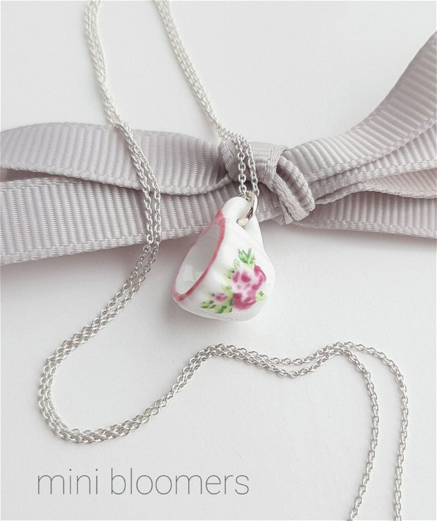Colier argint 925 & miniatură ceșcuță din porțelan cu flori roz