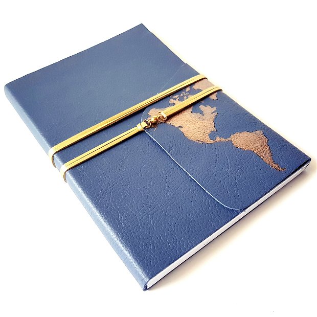 Jurnal (mare) de călătorie cu harta lumii -AURIU- Jurnal de călătorie cu copertă de piele naturală albastru petrol