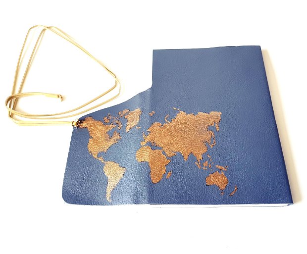 Jurnal (mare) de călătorie cu harta lumii -AURIU- Jurnal de călătorie cu copertă de piele naturală albastru petrol