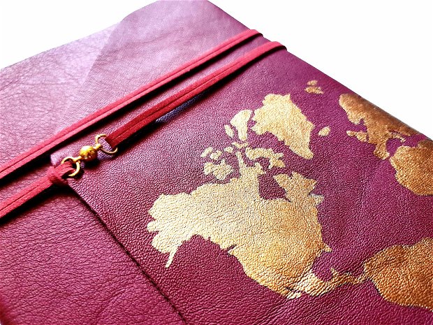 Jurnal (mare) de călătorie cu harta lumii -AURIU- Jurnal de călătorie cu copertă de piele naturală roșu bordo