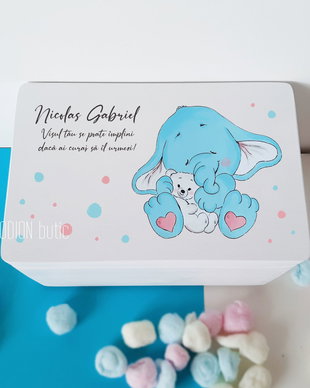 Cufar amintiri pictat manual personalizat cutie dar botez elefant