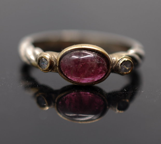 Inel argint 925, zirconii si turmalina roz, placat selectiv cu aur 14K