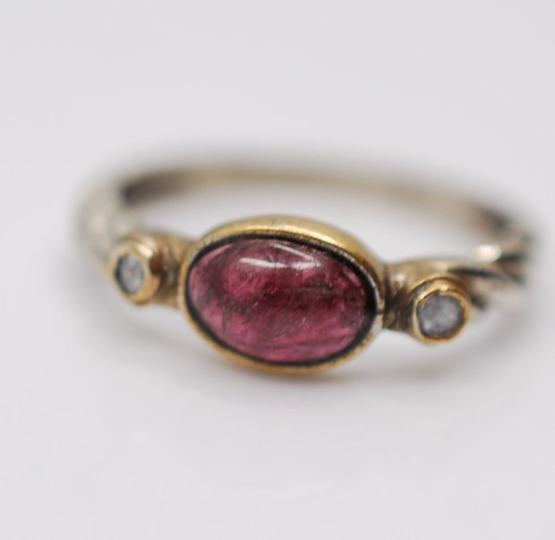 Inel argint 925, zirconii si turmalina roz, placat selectiv cu aur 14K