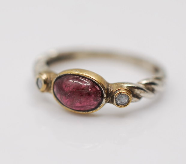 Inel argint 925, zirconii si turmalina roz, placat selectiv cu aur 14K