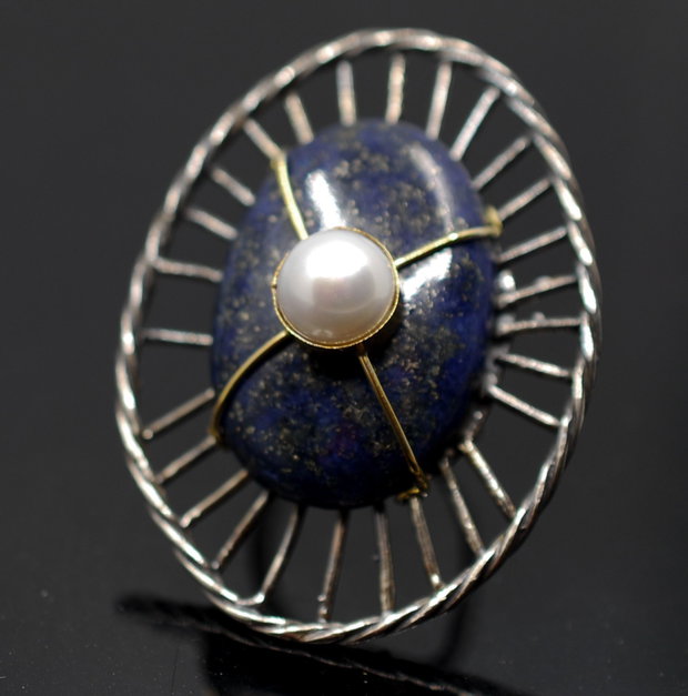 Inel statement din argint 925, placat selectiv cu aur, cu lapis lazuli si perla, inel rotund, inel mare