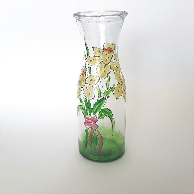 Vaza decorativa din sticla pictată manual cu narcise galbene