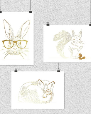 Set 3 postere gold foil - Iepure, Veverita si Vulpe