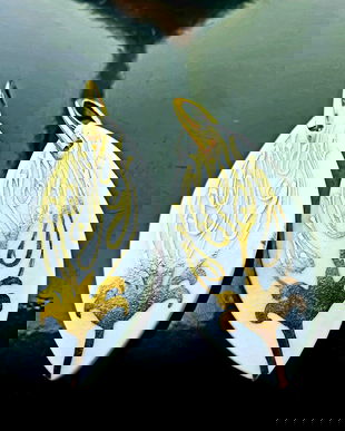 Cercei din portelan, glazura lightcyan, tortite din argint 925 placate cu aur de 14K, pictati cu aur - SPRING