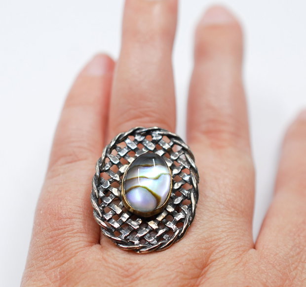 Inel statement din argint 925, placat selectiv cu aur, cu dublet abalone, inel rotund, inel mare