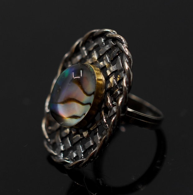 Inel statement din argint 925, placat selectiv cu aur, cu dublet abalone, inel rotund, inel mare