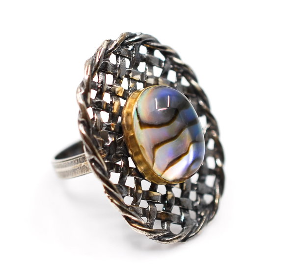 Inel statement din argint 925, placat selectiv cu aur, cu dublet abalone, inel rotund, inel mare