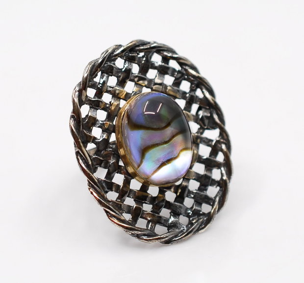 Inel statement din argint 925, placat selectiv cu aur, cu dublet abalone, inel rotund, inel mare