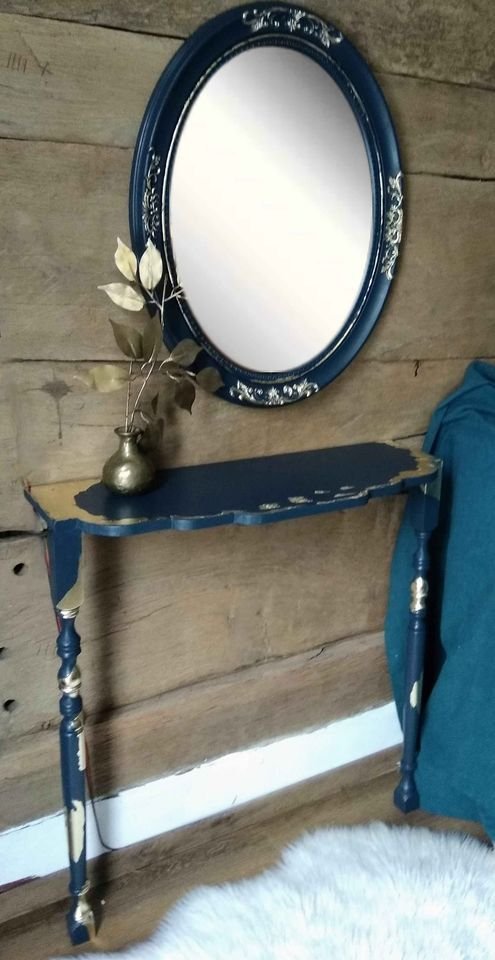 Oglinda ovala de perete-bleumarin cu foita aur