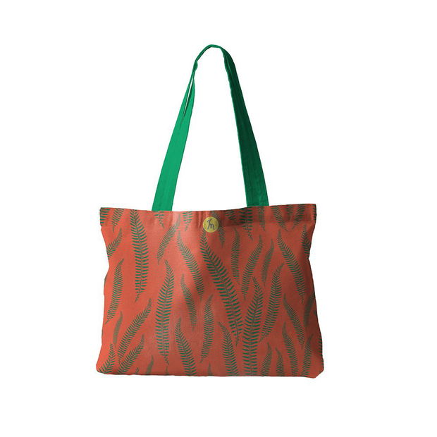 Geanta Handmade, Tote Bag Fatty Captusit Original Mulewear, Botanic Flori Ferigi, Orange In-Fern-O, Multicolor, 37x45 cm