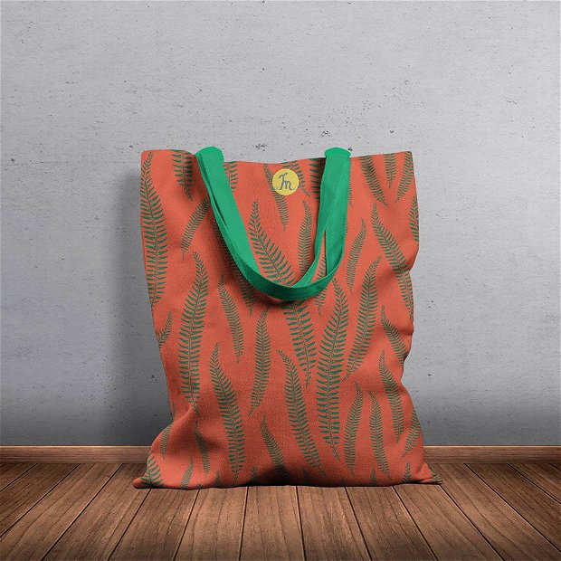 Geanta Handmade, Tote Bag Basic Original Mulewear, Botanic Flori Ferigi, Orange In-Fern-O, Multicolor, 43x37 cm