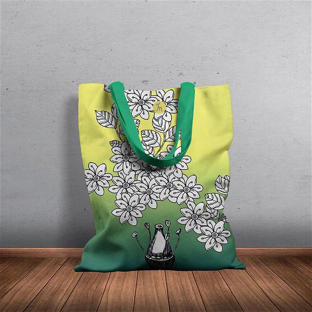 Geanta Handmade, Tote Bag Basic Original Mulewear, Botanic Flori Albe, White Blessing, Multicolor, 43x37 cm