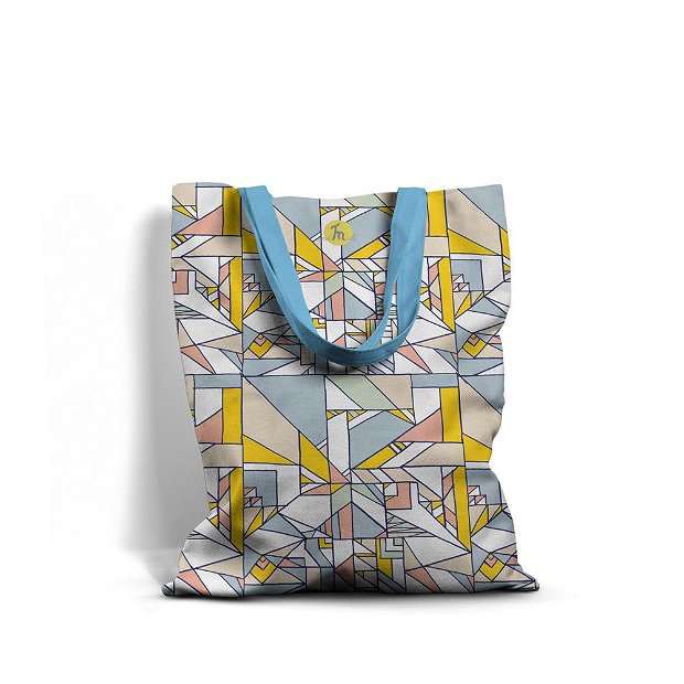 Geanta Handmade, Tote Bag Basic Original Mulewear, Geometric Abstract Patrate Culori Calme, Calming Compo, Multicolor, 43x37 cm