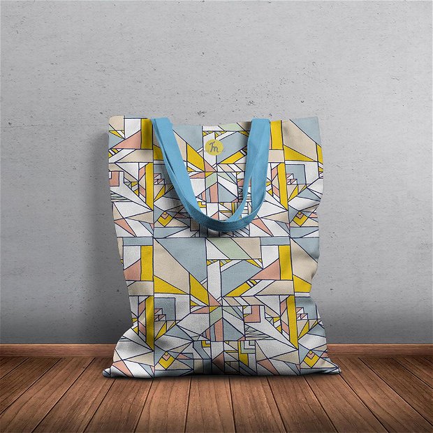 Geanta Handmade, Tote Bag Basic Original Mulewear, Geometric Abstract Patrate Culori Calme, Calming Compo, Multicolor, 43x37 cm